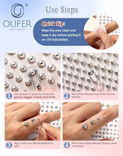 OUFER Stick on Acrylic Fake Piercings, Fake Lip Studs Eyebrow Piercing, Fake Face Piercing Nose Stud Non-Piercing kit Piercing Balls Adhesive Face Jewelry — view 4