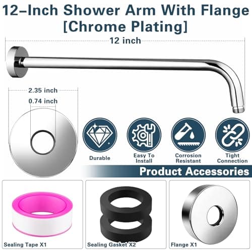 12 Inch Shower Arm with Flange, Wall Mount 90 Degree Shower Head Extension Arm, Stainless Steel Shower Head Arm for Fixed Shower Head & Handheld Showerhead, Brushed Chrome