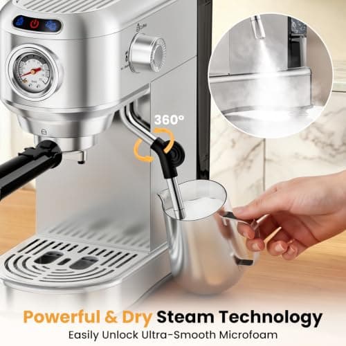 AERCANA Espresso Machine 20 Bar, Compact Espresso Coffee Machine with Milk Frother, Stainless Steel Coffee Maker with 34oz Removable Water Tank, Cappuccino Machine for Home, Office, Latte (Silver) — view 3