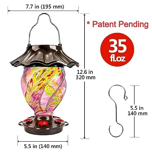 LUJII Solar Powered Hummingbird Feeder for Outside, Hand Blown Glass, 35 fl.oz, Leak-Proof & Waterproof, Metal Base, Lighted Lantern for Garden Decor, Unique Gift for Bird Lovers, Purple