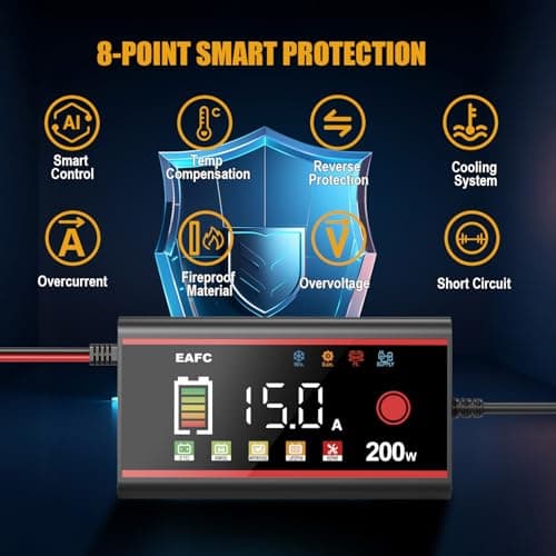 EAFC 200W 15Amp Car Battery Charger, 12V Smart Battery Fast Charger for Car/Truck/Motorcycle Gel, AGM, Wet, SLA, EFB, LiFePO4, etc. with Pulse Repair Mode,Short-Circuit Protection, LCD Color Display