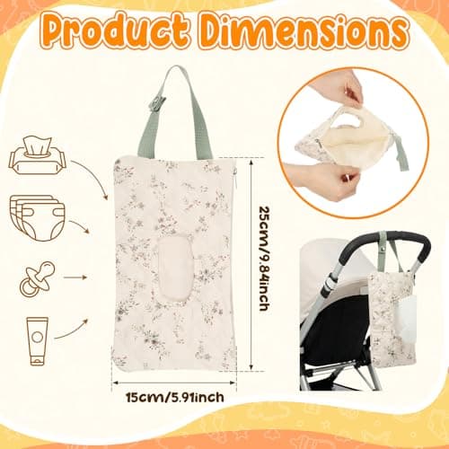 Quilted Baby Wipe Pouch, Hanging Portable Floral Diaper and Wipes Bag with Snap Handle, Machine Washable Refillable Wet Wipe Holder or Stroller, Car Seat & Travel Organizer