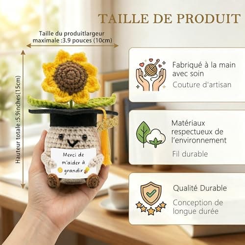 Cadeau Professeur en Français, Poupée Tournesol Tricoté avec Carte, Cadeau Enseignante & Éducatrice, Cadeaux de Remerciement Pour Professeur de Français
