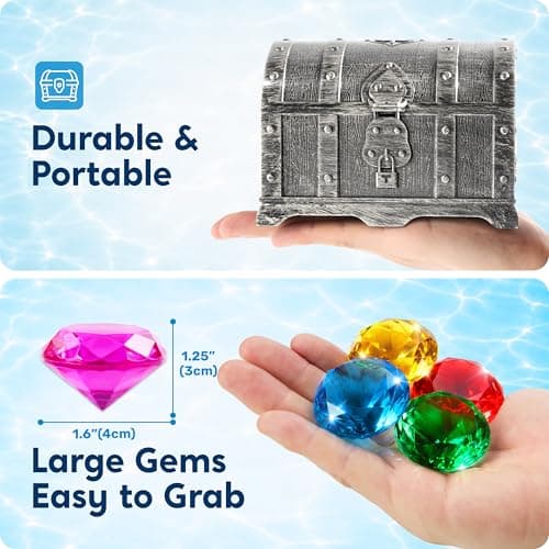 Sloosh Diving Gems Pool Toys,16 Big Colorful Diamond with Pirate Treasure Chest,Swim Dive Toy for Kids Underwater Gemstone Swimming Training Gift Water Toys Pool Games(Silver) — view 5