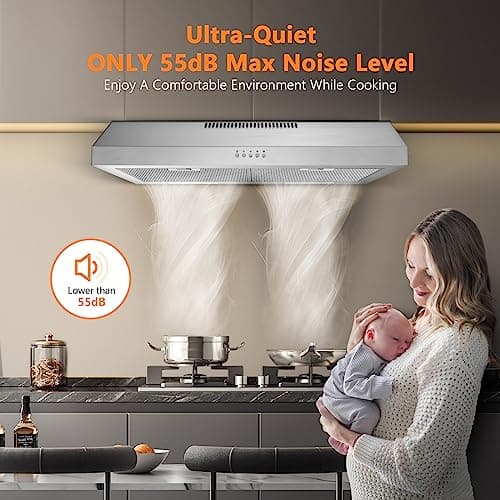 Upgraded 600 CFM Range Hood 30 inch, Under Cabinet Range Hood for Duct/Ductless Convertible, Stainless Steel Kitchen Stove Vent with 3 Speed Kitchen Exhaust Fan and Two Bright Energy-Saving LED — view 2