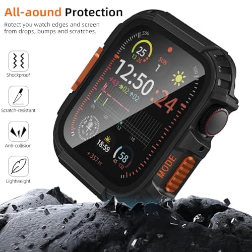 Zumyzu Rugged Waterproof Case for Apple Watch 44mm Series 6 5 4 SE with Tempered Glass Screen Protector, Durable Hard PC Bumper Protective Face Cover for iWatch 44 mm Black — view 2