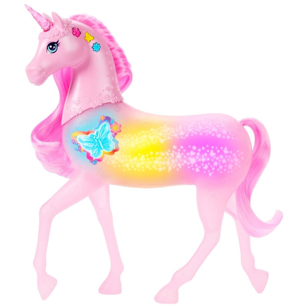 Barbie Unicornio Galopa y brilla Juguete con 20 combinaciones interactivas de luces, sonidos y música, presiona botones y acaricia la cabeza del animal para jugar, JCP78