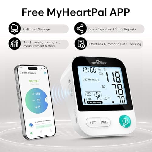 Blood Pressure Monitor for Home Use: Easy@Home Bluetooth BP Cuff with Free MyHeartPal App, Smart Digital Machine for Long-Term Trend Tracking, Large Backlit Display, EBP-20T