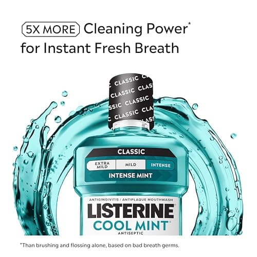 Listerine Cool Mint Intense Antiseptic Mouthwash, Daily Oral Rinse Kills 99.9% of Germs that Cause Bad Breath, Plaque and Gingivitis. For a Fresh, Clean Mouth, Intense Mint Flavor, 1.5 L — view 2