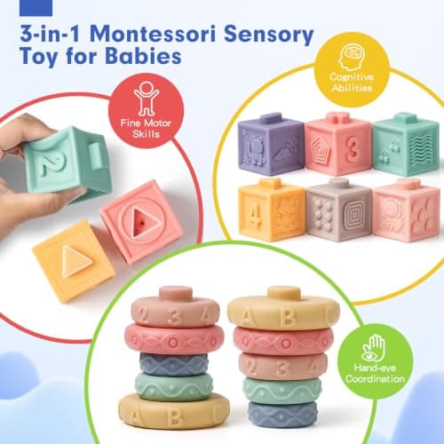Baby Sensory Teething Toys Set, Montessori Baby Toys 6-12 Months, Incl Newborn Rattle Teether & Baby Blocks & Soft Stacking Rings, Ideal Babies Boy Girl Gifts, Infant Toys 0-3-6-9-12-18 Month — view 3