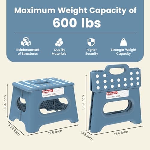 HBTower Folding Step Stool 9 Inch - Holds 600 lb, Non-Slip Surface & Carry Handle - Sturdy Step Stool for Kids, Toddlers & Adults - Compact Foldable Foot Stool for Kitchen, Bathroom, Bedroom(Blue) — view 2