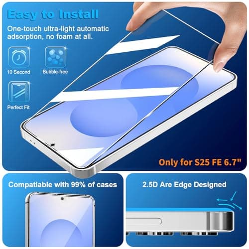 firtstnow 3 Pack for Samsung Galaxy S25 FE Screen Protector Tempered Glass + 3 Pack Camera Lens Protector, Military Grade Shatterproof, 9H Hardness, Fingerprint Unlock, Case Friendly 6.7 Inch — view 3