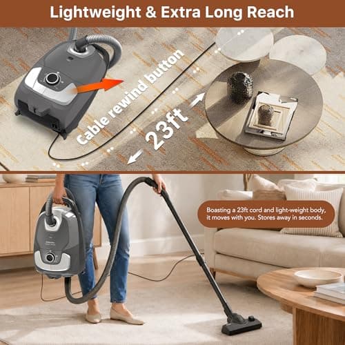 Akitas C11 Bagged Canister Vacuum Cleaner, Light Weight HEPA Filtration, 33ft Cleaning Radius with Retractable Cord, Ideal for Hard Floors & Low-Pile Carpet Extra Floor Brush — view 2