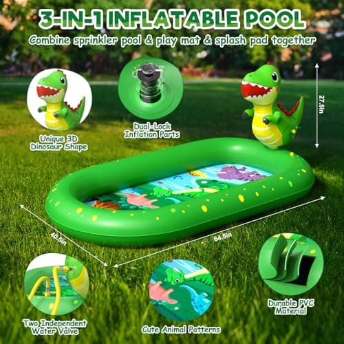 AZDYJL Splash Pad for Toddlers 1-3, Dinosaur Inflatable Sprinkler for Kids, 3-in-1 Baby Splash Pads Outdoor Play Mat, Kids Pool Backyard Summer Water Toys Birthday Gift for 1+ Year Old Girls Boys — view 3