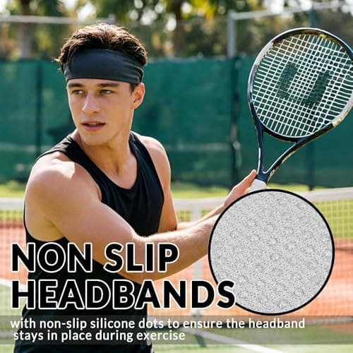 Sweatbands for Men 4 Pack, Moisture Wicking Sports Headbands for Men, Non Slip Running Headband, Elastic Breathable Sweat Bands for Running, Tennis, Football, Baseball, Soccer, Gym, Cycling, Workout — view 2
