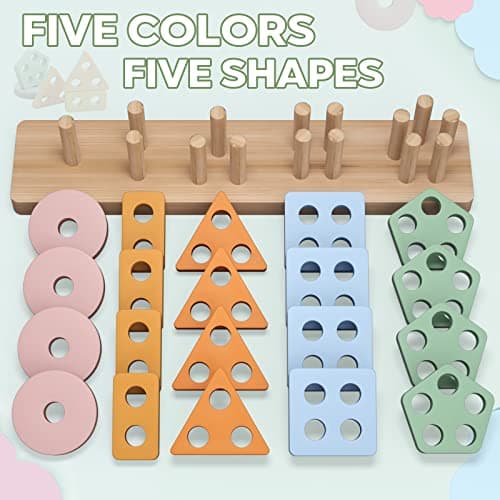 PEBIRA Montessori Toys for 1 2 Year Old, Wooden Sorting and Stacking Toys for Toddlers, Baby Shape Sorter and Color Stacker Blocks for Toddler, Preschool Learning Toy, Gift for 12-18 Month Boys Girls — view 4