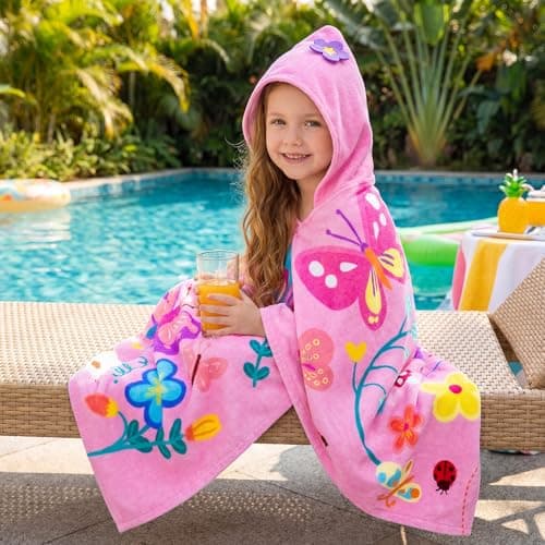 Pinksheep Hooded Bath Towel for Girls Age 3-10,100% Cotton Butterfly Toddler Towel with Snap Buttons,Super Soft and Absorbent Kids Beach & Swim Towel 30x50 Inches