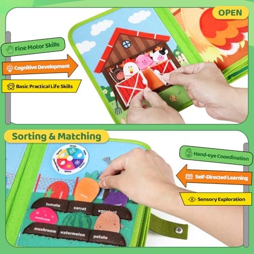 OCHIDO Busy Book for Toddlers 1-3, Montessori Farm Quiet Book with Finger Puppets, Soft Sensory Activity Book for Travel Learning, Christmas Birthday Gift for Boys & Girls