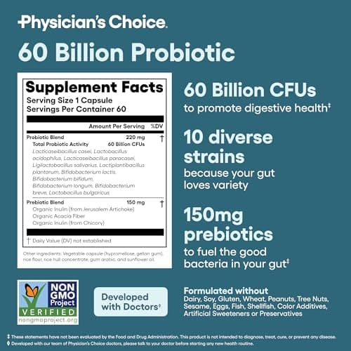 Physician's CHOICE Probiotics 60 Billion CFU - 10 Strains + Organic Prebiotics - Immune, Digestive & Gut Health - Supports Occasional Constipation, Diarrhea, Gas & Bloating - for Women & Men - 60ct — view 5