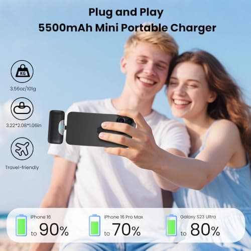 Mini Portable Charger for iPhone 17/16, 5500mAh LCD Display USB C Power Bank,Fast Phone Charging Travel Pocket Size Battery Pack for iPhone 17/17 Pro/17 Pro Max/Air/16/15 Series,Android,etc-Dark Black — view 2
