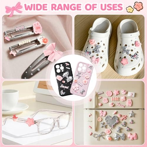 Noledome Junk Case Charms Kit - Pink-Silver Themed Flat Back Resin Pieces - Phone Decorations with Mirror and Tweezers - Kawaii Accessories for DIY Cute and Junk Phone Case, Jewelry, Nail Art, Shoes, Socks, Keychains — view 3