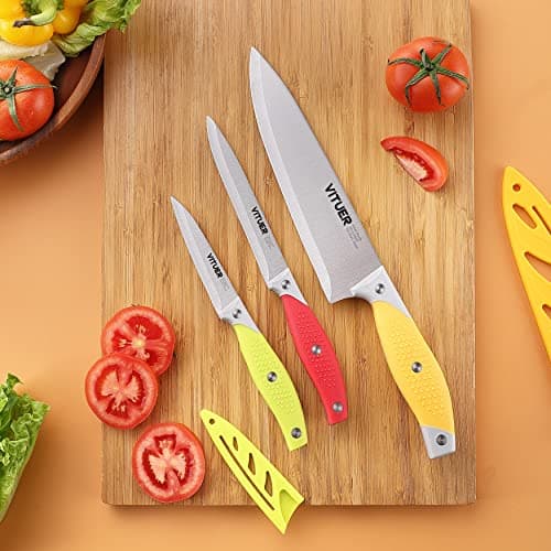 VITUER Chef Knife, 3PCS Kitchen Knife, Multicolor Stainless Steel Sharp Chef Knife Set (3Pack, Yellow, Red, Green) — view 3