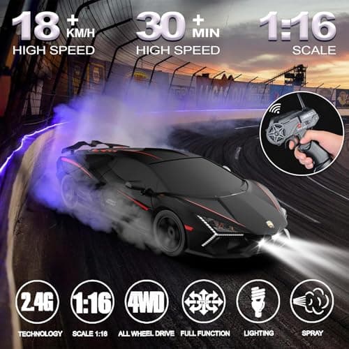 Remote Control Car RC Drift Car 1:16 Scale 4WD 18KM/H High Speed Model Vehicle 2.4GHz LED Lights Spray Rubber Tire Racing Sport Toy for Adults Boys Girls Kids Gift 2Pcs Rechargeable Batteries (Black)