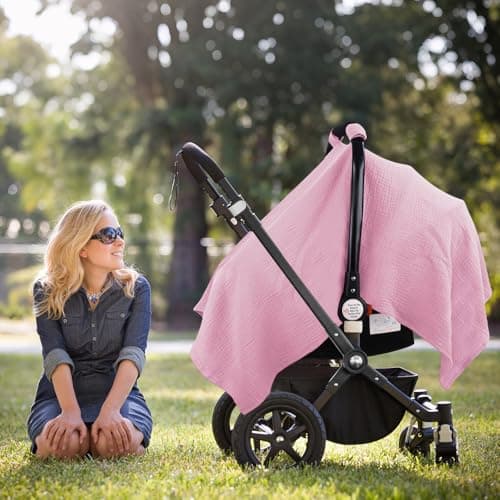 Metplus Muslin Car Seat Cover for Baby Girls, 100% Cotton Breathable Infant Carseat Canopy for Summer, Lightweight Stroller Sunshade Covers (Pale Pink) — view 4