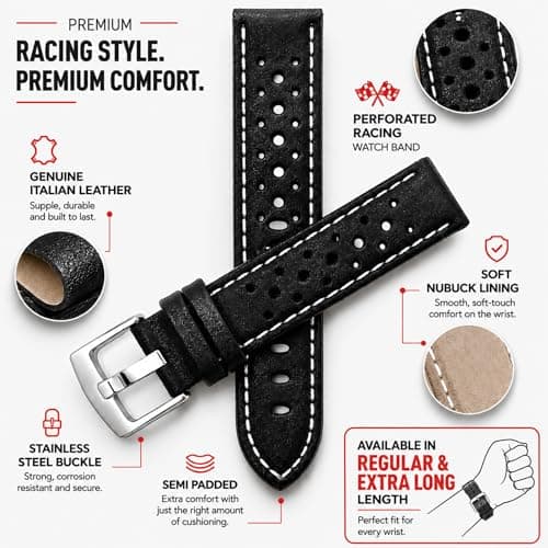 Bandini Mens Leather Rally Strap - Breathable Perforated Racing Watch Band - Replacement Racing Band - Brown 22mm