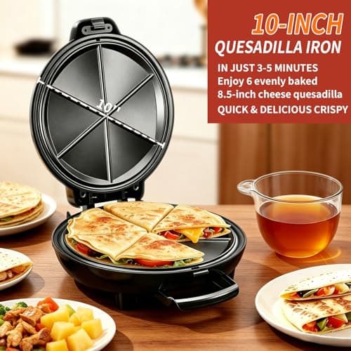 Quesadilla Maker 10 Inch, 900W Dual Heating, 6 Wedges in 3 Mins, Nonstick Plates Easy to Clean, Locking Latch, Safe & Steady, Black — view 2