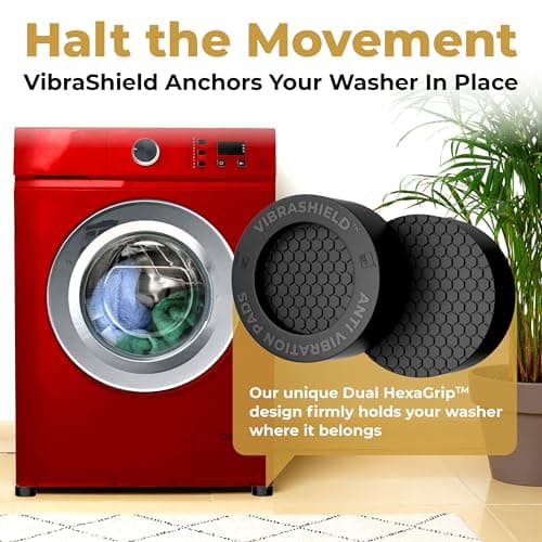 Anti Vibration Pads for Washing Machine with HexaGrip - Stops Washer Dryer Moving, Walking - Prevents Noise, Vibration Transfer - Rubber Antivibration Stabilizer Support Feet Mat - VIBRASHIELD 4 Pack