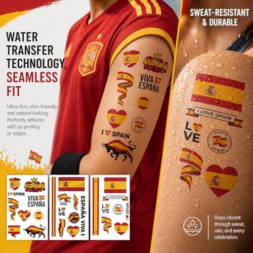 Vaollousia Temporary Tattoos Spain Flag forWorld Cup 2026, National Country Flag Tattoo Stickers, Soccer Fan Party Face Body Tattoo, Waterproof Football Fan Accessories for Adult Kid Cheek Arm Hand — view 3