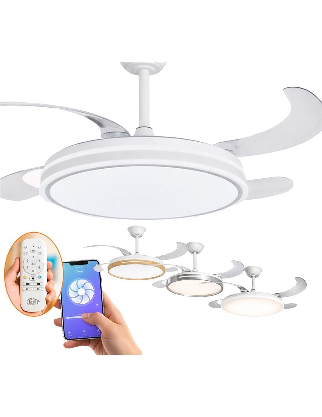 Jardin202 - Ventilador de Techo con Aspas Retráctiles, Motor DC, Temporizador, WiFi Alexa/Google Home y Luz LED Regulable, Mando a Distancia | 50 cm (Tarifa Wifi Blanco)