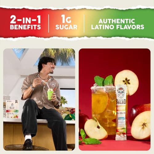 Salud 2-in-1 Hydration Packets + Immunity Electrolytes Powder, Apple - Agua Fresca Drink Mix, Elderberry, Dairy & Soy Free, Non-GMO, Gluten Free, Vegan, Low Calorie, 1g Sugar (15 Servings)