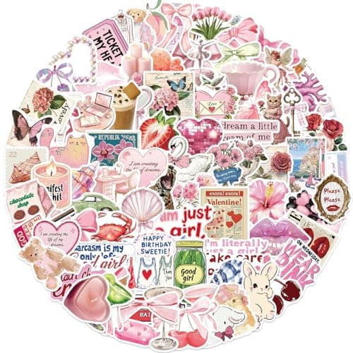 200PCS Pink Coquette Stickers, Aesthetic Girly Cute Bow Tie Sticker for Girls Women Teens Adults, Inspirational Preppy Vintage Y2K Decals for Laptop Water Bottles Guitar Computer