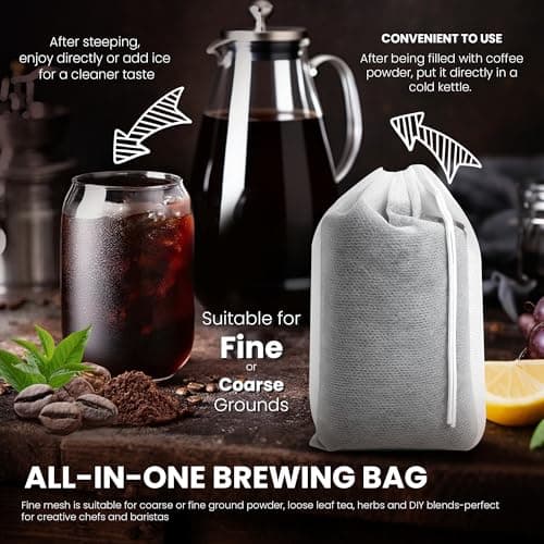 URCYLA Cold Brew Bags, 100 Count Brew Coffee Filter Bags, 6 * 8 Inch Fine Mesh Drawstring Pouches, Fits Mason Jars & French Press, Ideal for Tea, Herbs & Spices — view 3