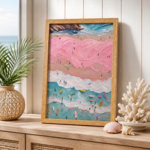 Framed Pink Girl Coastal Canvas Wall Art, Beach Surfers on Pastel Sand Painting Picture Wall Decor,Vibrant Ocean Poster Print Artwork,for Bedroom Bathroom Girls Room Home Decoration 8x10inch — view 2