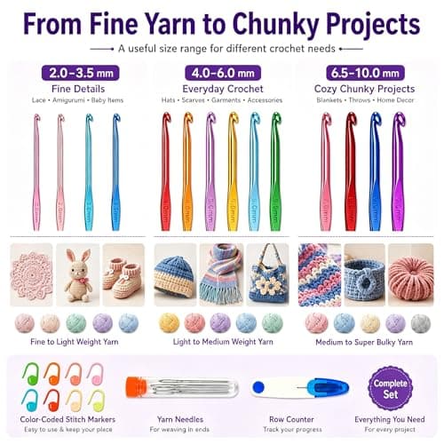 Bofoho 14 Sizes Aluminum Crochet Hooks Set 2.0–10.0mm, Colorful Lightweight Metal Crochet Needles for Beginners, Crochet Hook Kit for Yarn Crafts, Scarves, Hats, Blankets & Amigurumi — view 4