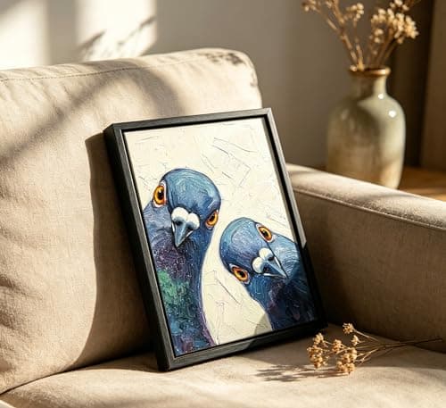 Framed Whimsical Pigeon Wall Art, Blue Birds Oil Painting Canvas Prints, Funny Bird Portrait Wall Decor, Modern Animal Poster Artwork, for Living Room Bedroom Bathroom Decoration, 8x10in — view 4