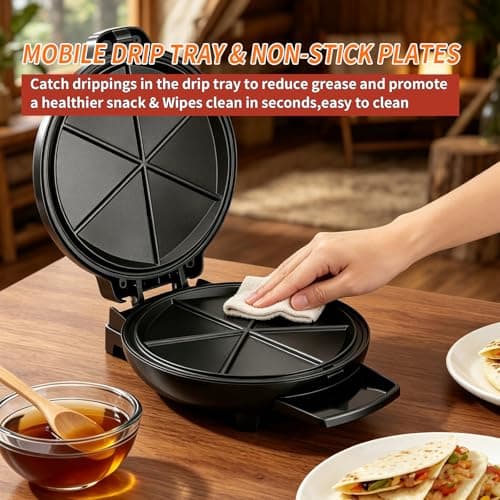 Quesadilla Maker 10 Inch, 900W Dual Heating, 6 Wedges in 3 Mins, Nonstick Plates Easy to Clean, Locking Latch, Safe & Steady, Black — view 4