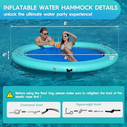 CALOBANA 8' x 8' Heavy Duty Floating Hammock for Multi Person Party Lake Floating Island with Mesh Water Rafts for Lake Tanning Pool Lounger Float for Adults Round Float Mat
