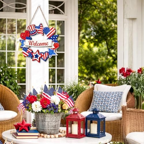 Wooden 4th of July Decorations Patriotic Wreaths for Front Door Independence Day Decorations Star Sign Welcome Memorial Day Hanging for Home Wall Decor Outdoor Indoor Red White and Blue Wreath — view 3