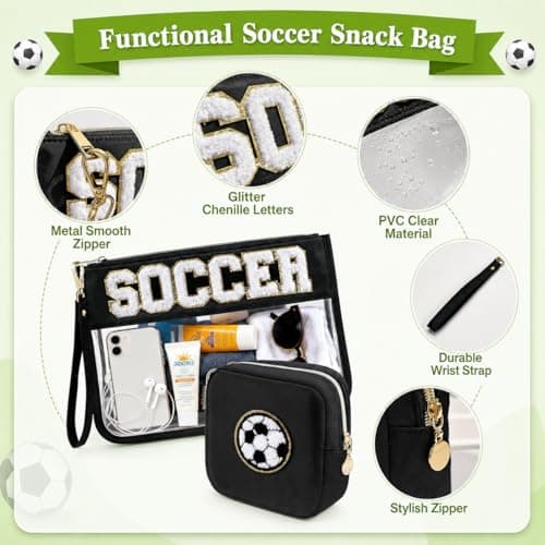 PEVART 2-Piece Soccer Gifts Makeup Snack Bag Chenille Letter Patch | Large Soccer Clear PVC Travel Zipper Pouch Accessories Stuff Waterproof Portable Sport Bag for Boys, Girls — view 2