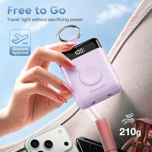 CHALIGTI 10000mAh Portable Charger,PD 22.5W Super Fast Charging Power Bank with Built-in Cables, Travel Keychain Battery Pack for iPhone 17/16/15/14/13/12,Apple Watch Ultra/11/10/9/8/7/6/SE (Purple) — view 5