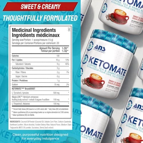 ANS Performance Ketomate Coffee Creamer With MCT Oil Powder, Delicious, Sugar Free Creamer For Coffee, Tea & Shakes, Perfect Keto Energy Powder, Milk Substitute, 20 Servings, Sweet and Creamy - 300 g / 10.6 oz