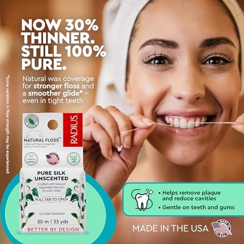 RADIUS Natural Silk Dental Floss, Now 30% Thinner for Smooth Glide in Tight Teeth, Hand-Spun Silk Infused with Coconut Oil, Plastic-Free & Sustainable Packaging, Unscented, 33 YD - Pack of 1 — view 3