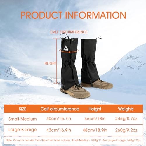 OrrinSports Gators for Hiking Boots for Men and Women Waterproof Adjustable Leg Gaiters in Hunting Sand and Mud Mountain Climbing or Snow (Black L) — view 5