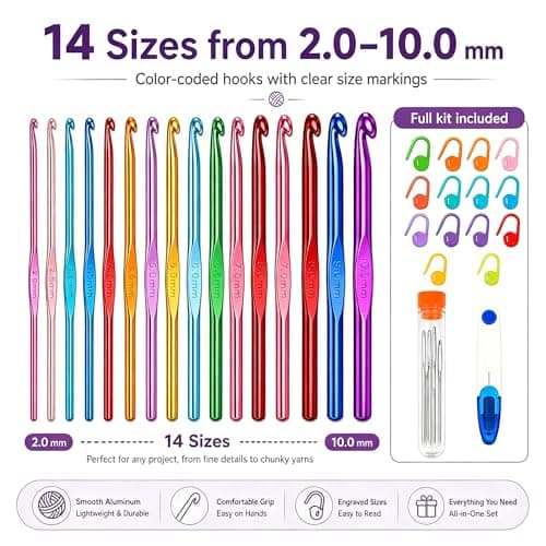 Bofoho 14 Sizes Aluminum Crochet Hooks Set 2.0–10.0mm, Colorful Lightweight Metal Crochet Needles for Beginners, Crochet Hook Kit for Yarn Crafts, Scarves, Hats, Blankets & Amigurumi