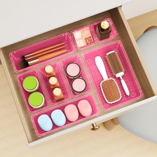 ElegantArray 12 PCS Drawer Organizer Set, 4 Sizes Tool Storage Trays, Clear Plastic Makeup Vanity Organizer and Storage Bins for Stationeries, Multiple Gadgets for Office, Bedroom, Pink — view 5