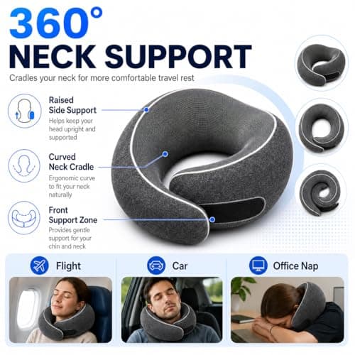 SILVORIC Travel Neck Pillow for Airplanes, Pure Memory Foam Neck Pillow with Washable Cover and Storage Bag, Ergonomic 360° Support for Sleeping, Car, Office, Home, Black